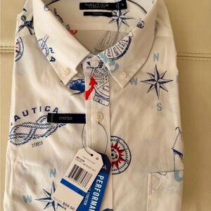 Nautica Men's White Shirt with Blue Nautical Design
